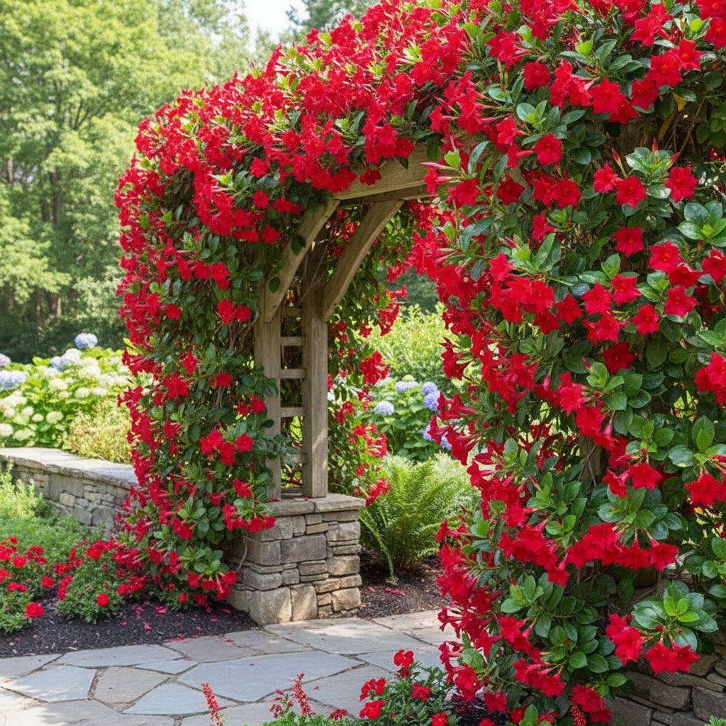 Red Mandevilla Vine Flower Seeds for Planting – Tropical Climber with Vibrant Red Blooms